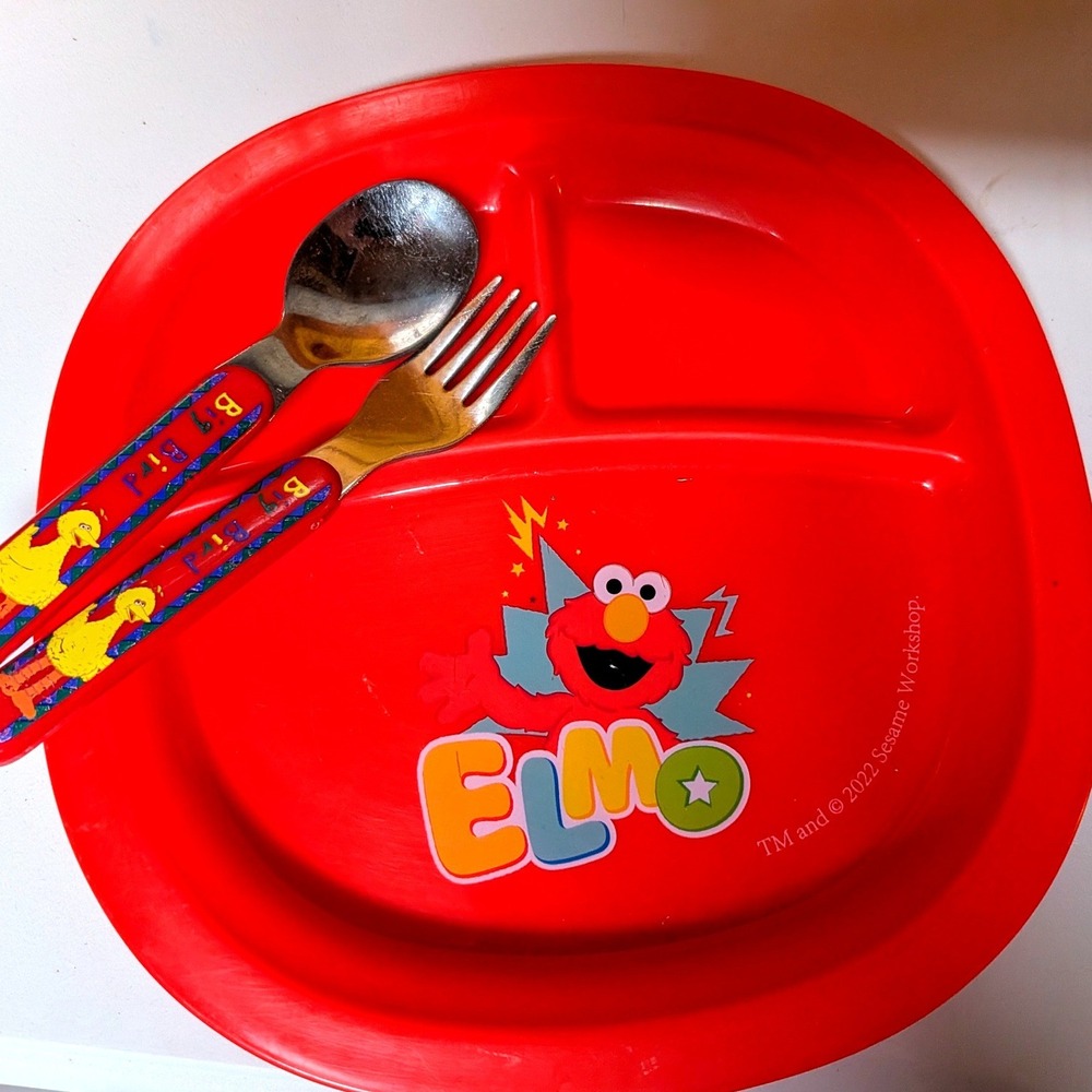 Sesame Street Elmo Divided Plate Big Bird Fork Spoon Stainless Set Lot